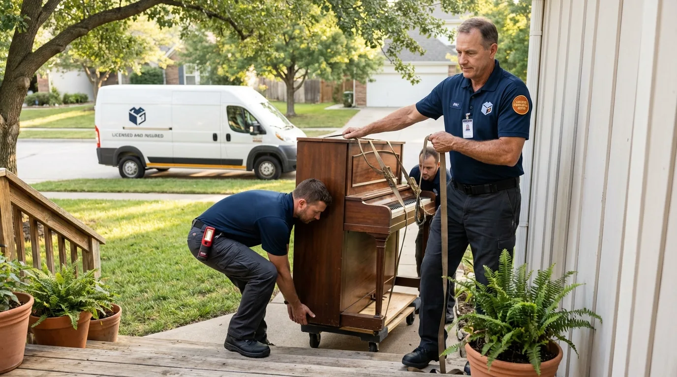 Licensed piano movers securing grand piano in Gold Beach, OR