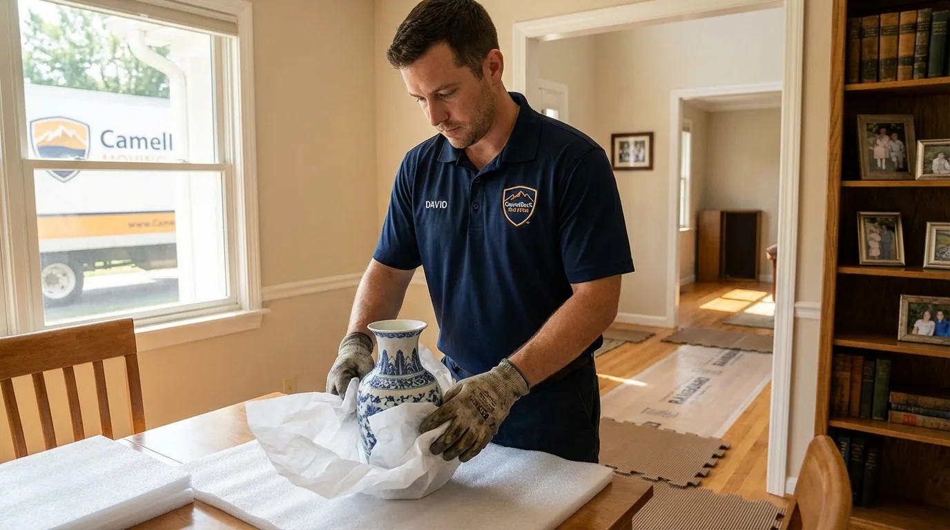 Professional crew carefully wrapping antique vase for senior downsizing move in Gold Beach, OR
